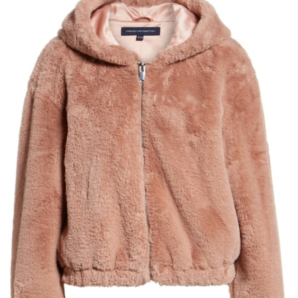 French Connection Pink Hooded Fur Jacket